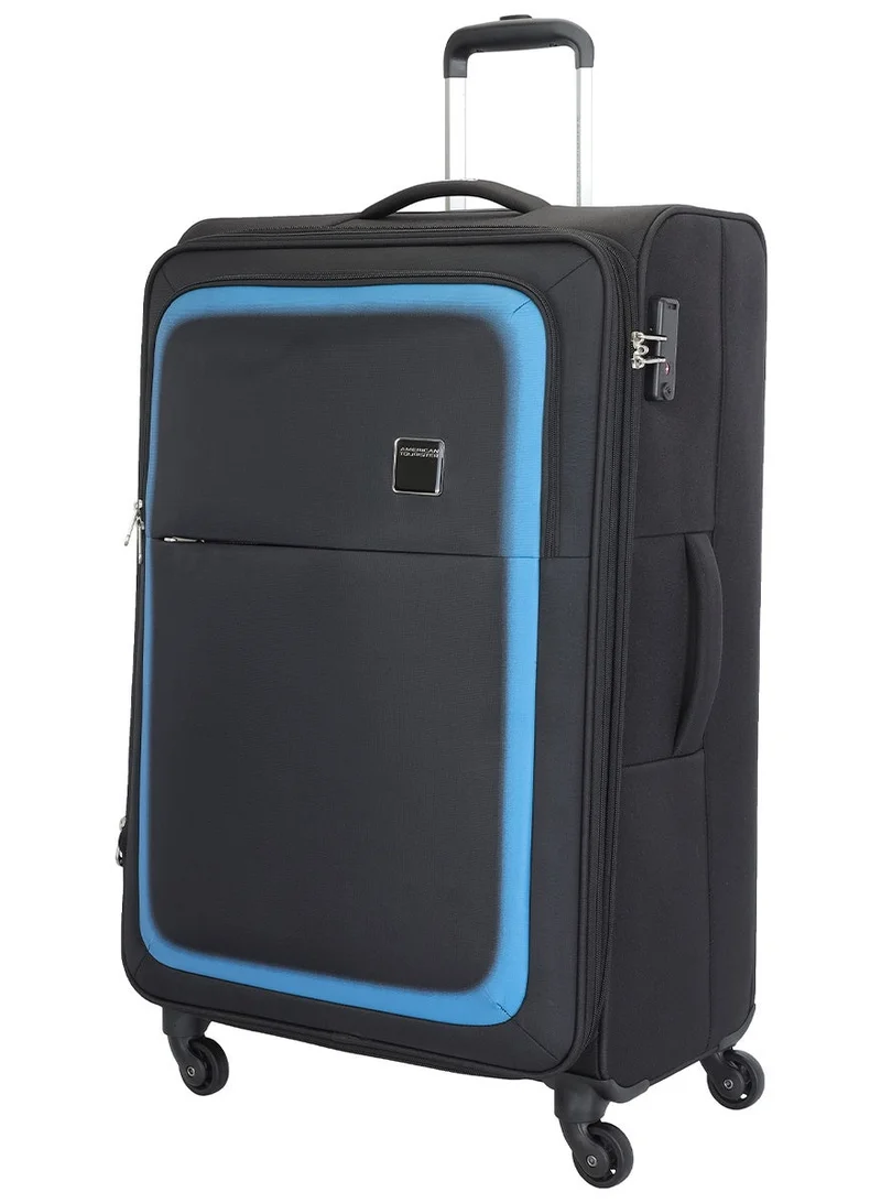 AMERICAN TOURISTER black Seville Suitcase, Check-in Size 81 cm / 30 inch, 4 Wheels, Soft Top, Polyester, Black|TSA Lock|Front Storage Compartment|Inner Mesh Zippered Pocket - 3 Years International Warranty  | Best Price UAE